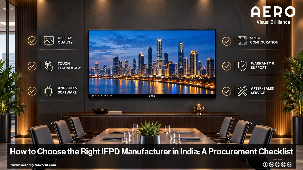 IFPD manufacturer in India procurement checklist with an interactive flat panel display in a meeting room